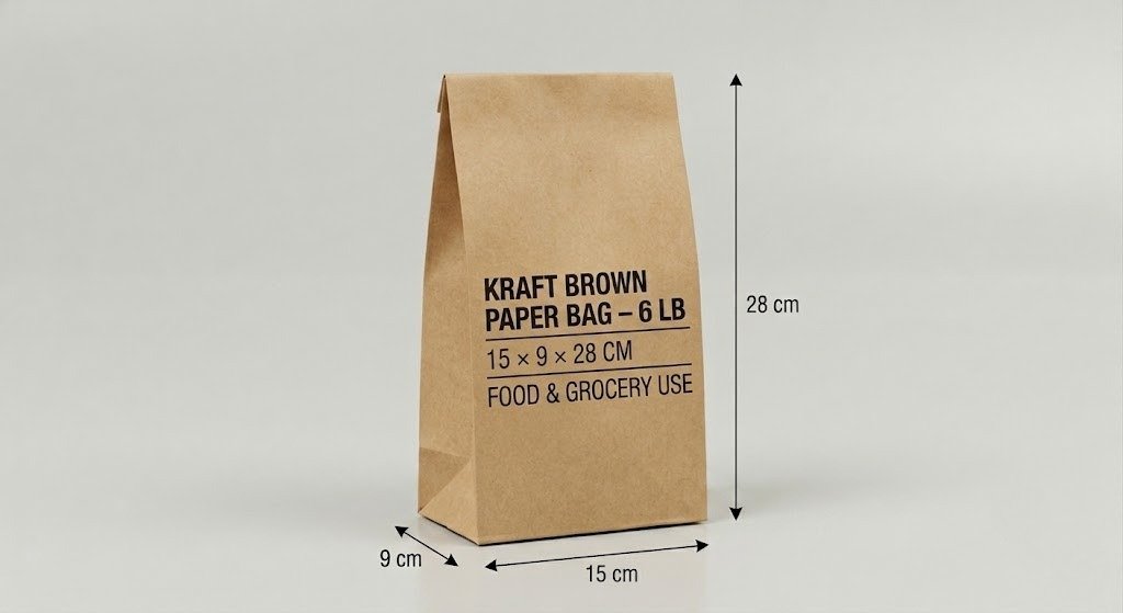 Kraft Brown Paper Bag – 6 lb | 15 × 9 × 28 cm | Food & Grocery Use