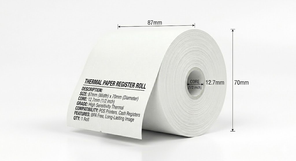 THERMAL PAPER DESCRIPTION FOR 87*70 MM REGISTER ROLL
