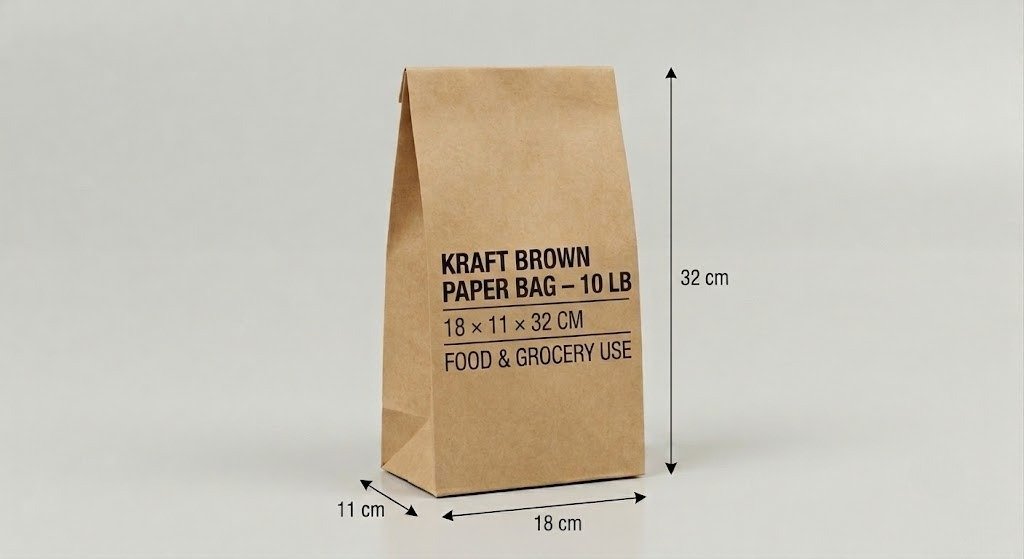 Kraft Brown Paper Bag – 10 lb | 18 × 11 × 32 cm | Food & Grocery Use